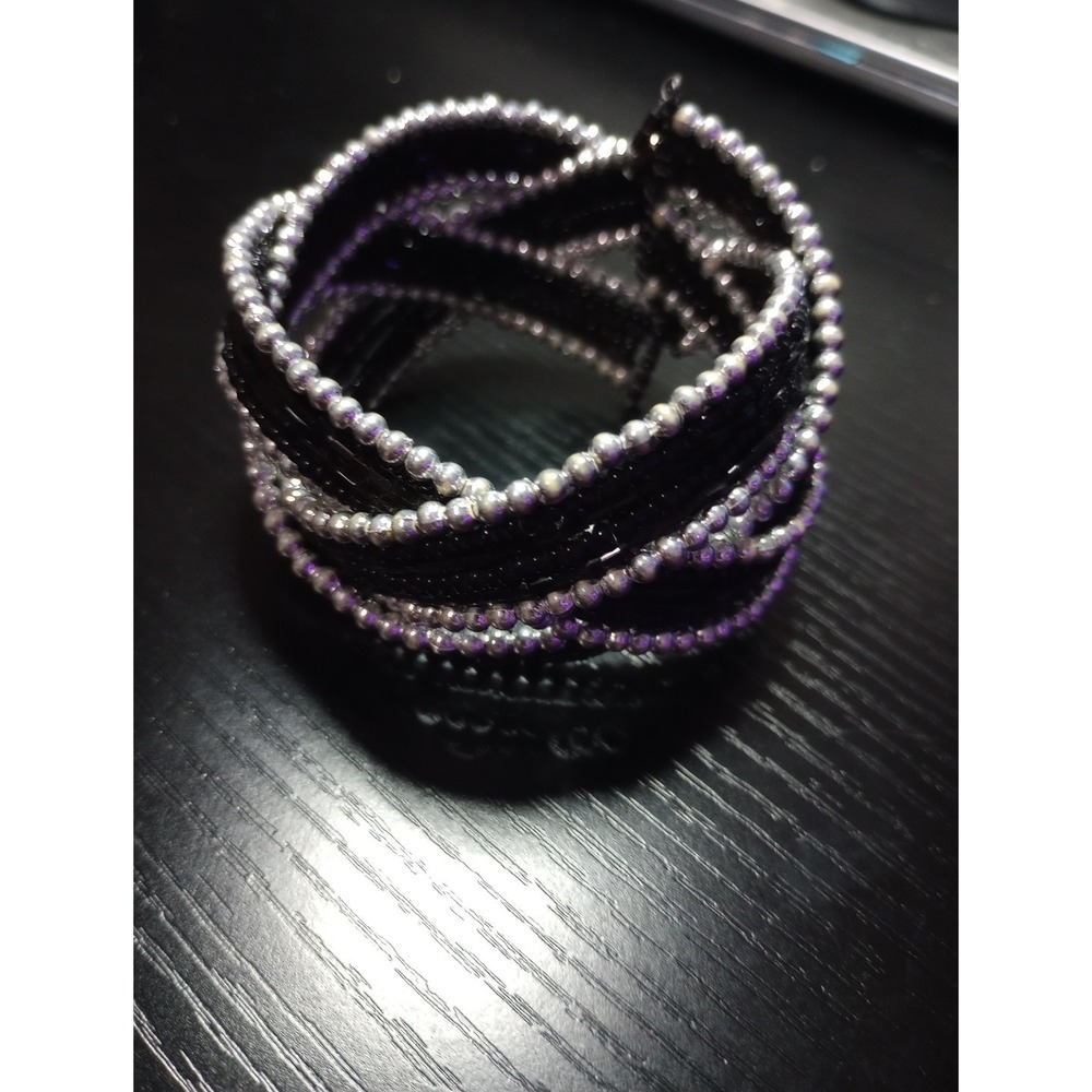 Black And Silver Braided Memory Wire Cuff Bracelet‎